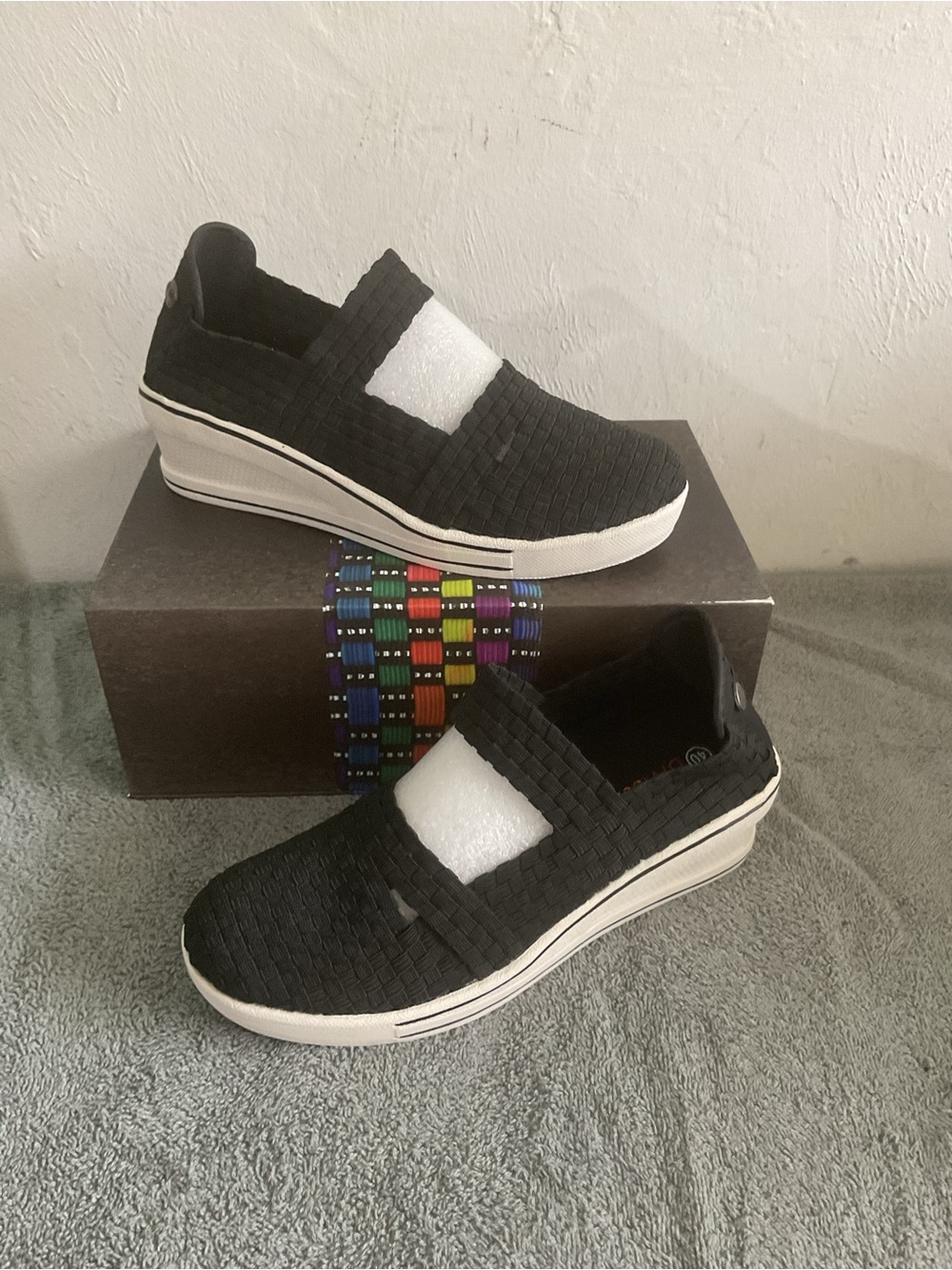 bernie mev. Black Woven Slip-On Wedge Sneakers